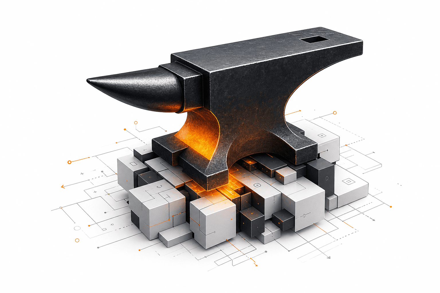 Technical illustration of an anvil over npm package blocks